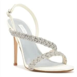 Nine West Talip Rhinestone Heels 11 White Satin NWOT Sandals Bridal Wedding